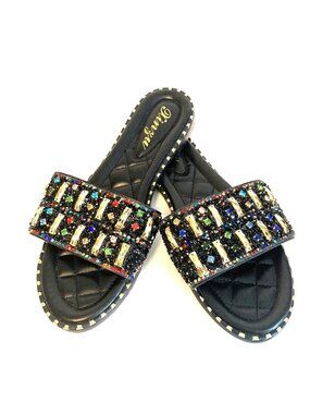 Xinzy Black Bejeweled Flat Slide Sandals Size 9
